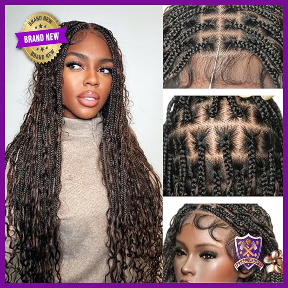 Full Lace Human Hair Boho Braided Wig Knotless Natural Scalp Pre-Plucked